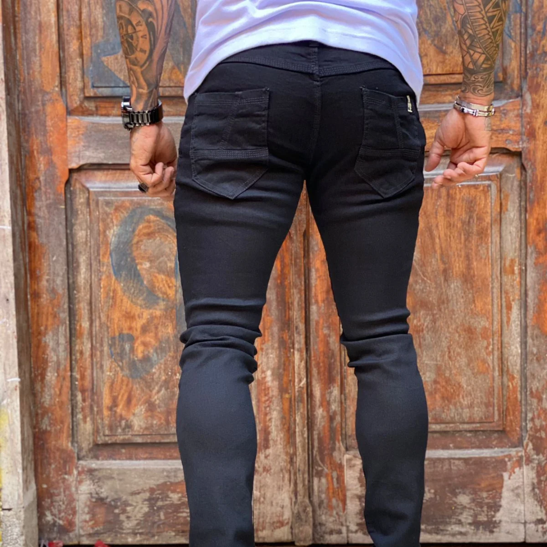 Calça Jeans Masculina Preta Rasgada Skinny com Lycra