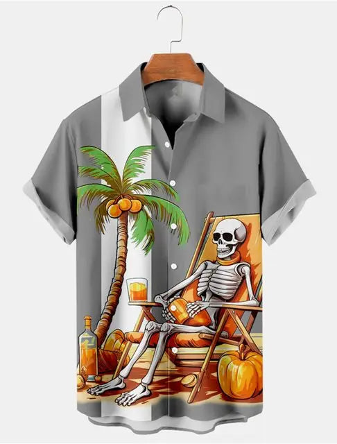 Camisa Havaiana Masculina 3D Skeleton Man Lapela Casual Arasco