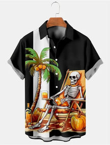 Camisa Havaiana Masculina 3D Skeleton Man Lapela Casual Arasco