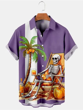 Camisa Havaiana Masculina 3D Skeleton Man Lapela Casual Arasco