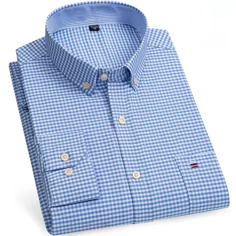 Camisa Masculina Casual Xadrez Oxford Algodão Manga Comprida Zarvano