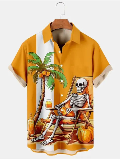 Camisa Havaiana Masculina 3D Skeleton Man Lapela Casual Arasco