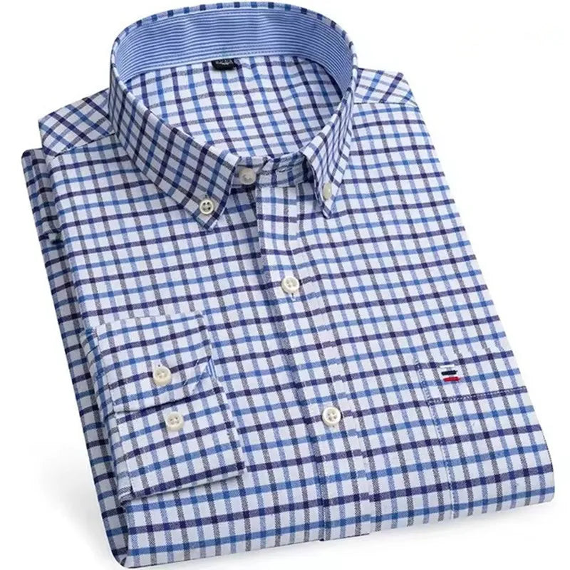 Camisa Masculina Casual Xadrez Oxford Algodão Manga Comprida Zarvano