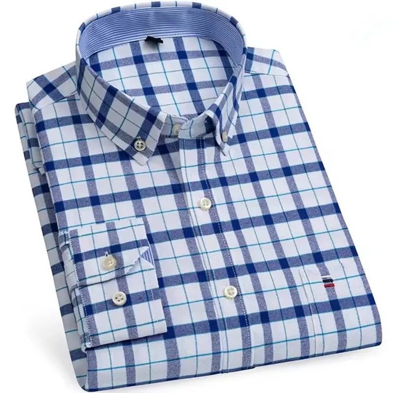 Camisa Masculina Casual Xadrez Oxford Algodão Manga Comprida Zarvano